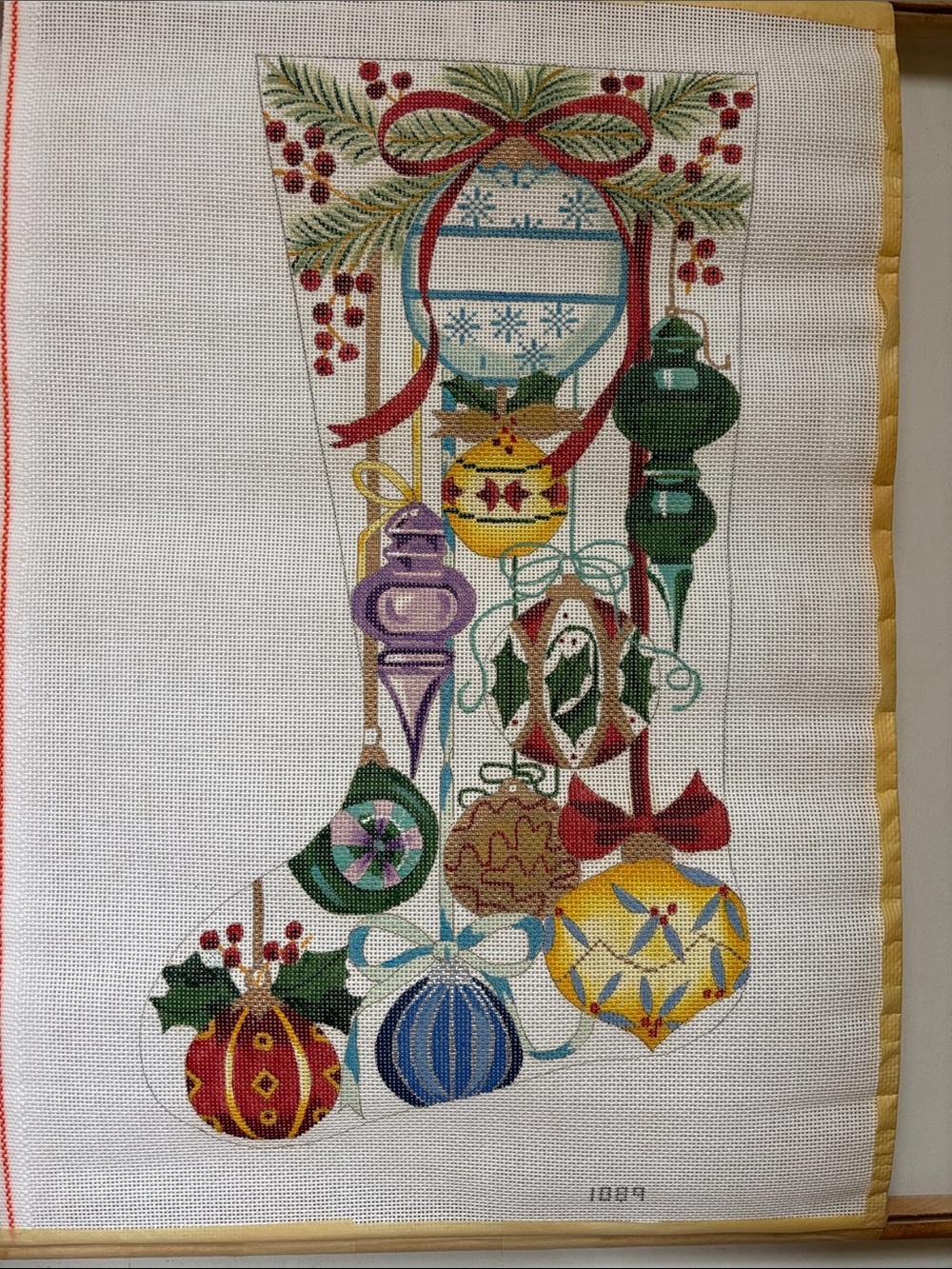Holiday, Christmas stocking, painted Needlepoint canvas.